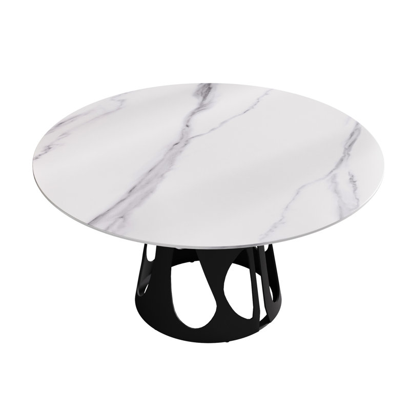 Table de salle à manger ronde en pierre frittée blanche, 57,92 po, avec base stable en fer noir, peut accueillir 6 à 8 personnes en blanc, stable