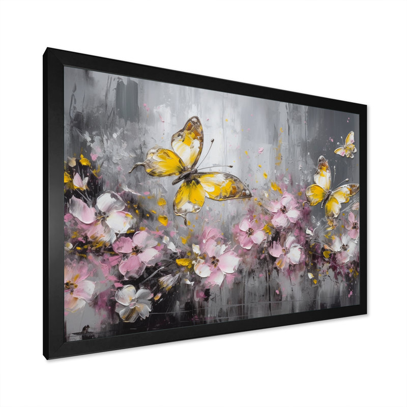 Fleurs de Rozalin avec papillons blancs IV sur toile, Cadre photo noir, H 12 po x l 20 po x P 1 po