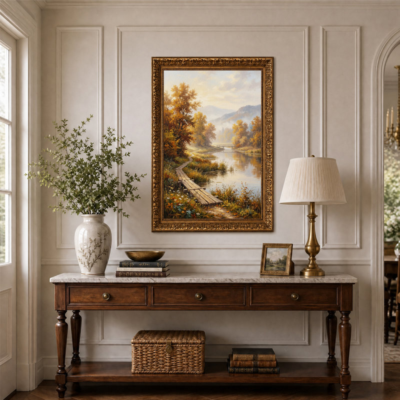 Paysage d'automne au bord d'une rivière avec pont en bois - Tableau sur toile, H 24 po x l 16 po