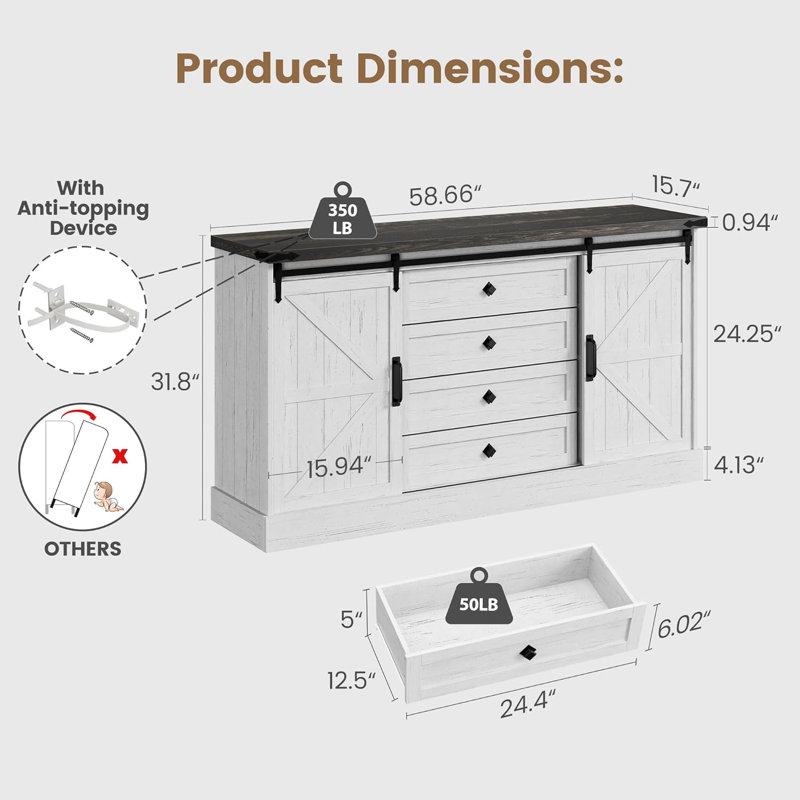 59" Farmhouse 4 Drawer Dresser For Bedroom, Wood Dressers With Sliding Barn Doors, TV Stand, White