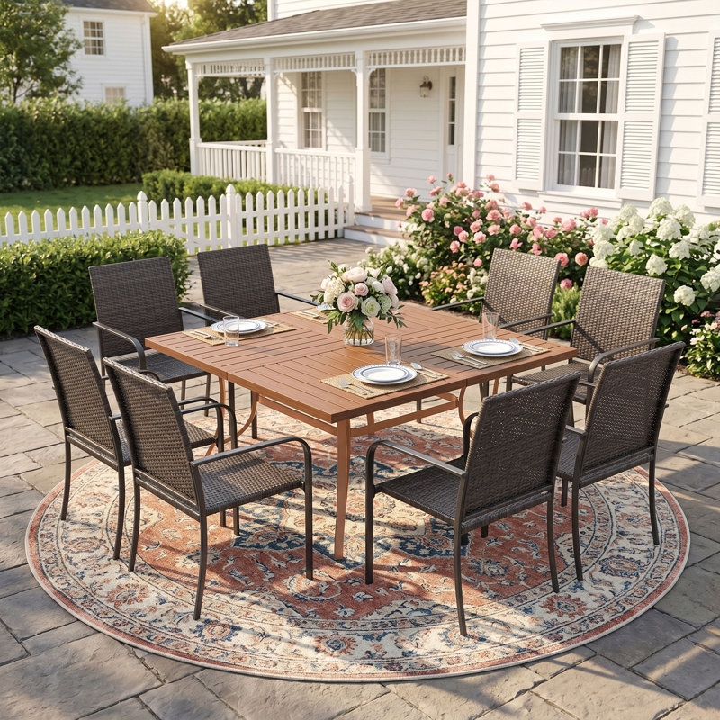 8-Person Square Patio Dining Set With Wicker Rattan Chairs, Brush Wood Brown