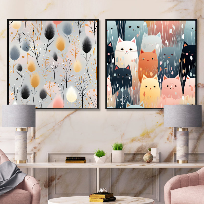 Doux plans botaniques gris - ensemble de 2 collages carrés abstraits, Cadre flottant doré, H 36 po x l 73 po