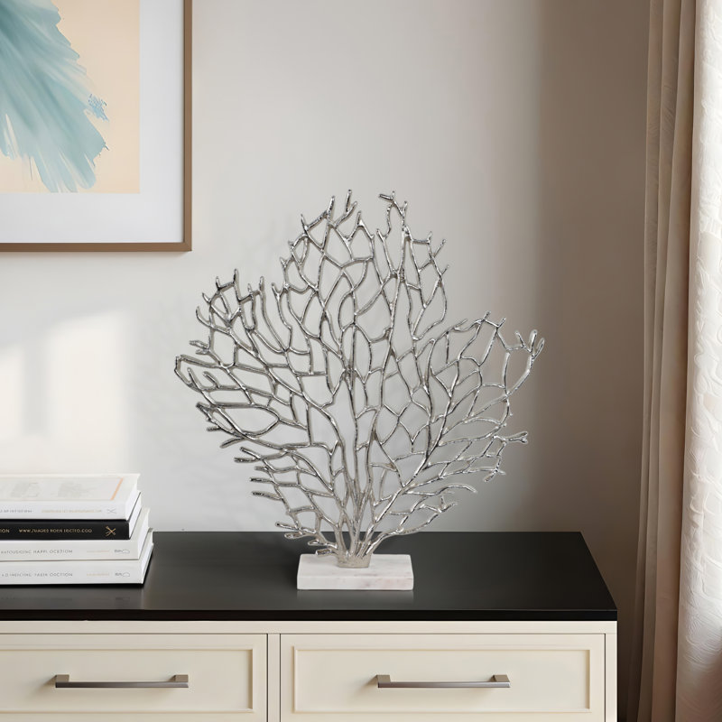 Sculpture Beti - Métal - Design d'inspiration corail avec base en marbre, H 21 po x l 19 po x P 2,75 po, Argent argent