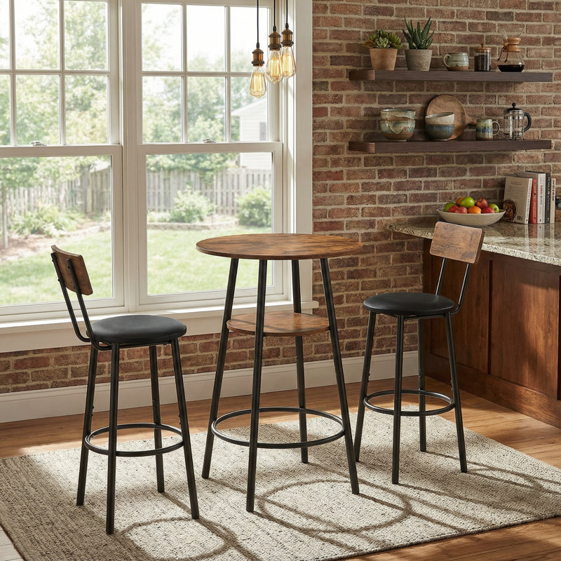 Ensemble de table de bar et de chaises 3 pièces avec rangement à 2 niveaux et 2 tabourets rembourrés en polyuréthane brun rustique pour la cuisine, la salle à manger ou le café
