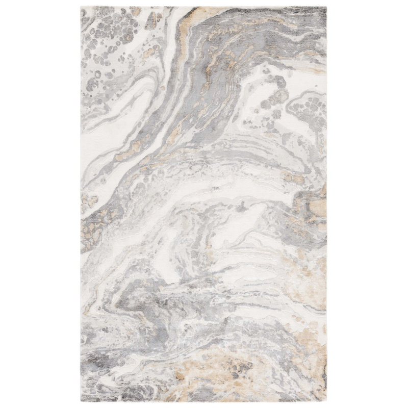 Mirage 643 Hand Knotted Viscose/Wool/Cotton Abstract Rug in Grey/Ivory, Rectangle 6' x 9'