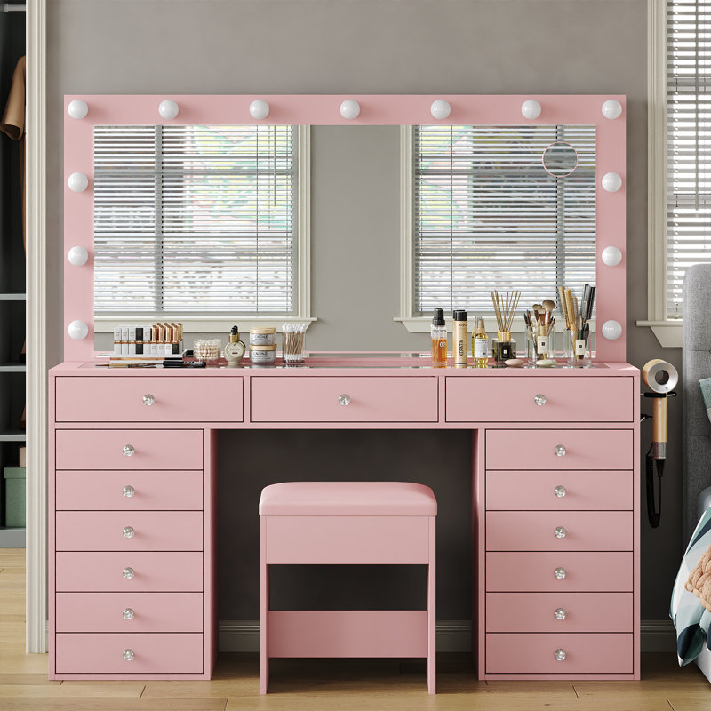 15 Drawers Vanity Desk, Makeup Vanity with Charging Station,  Dressing Table with Lighted Mirror, 3 Lighting Modes, Brightness Adjustable, Glass Top, Vanity Table with Chair