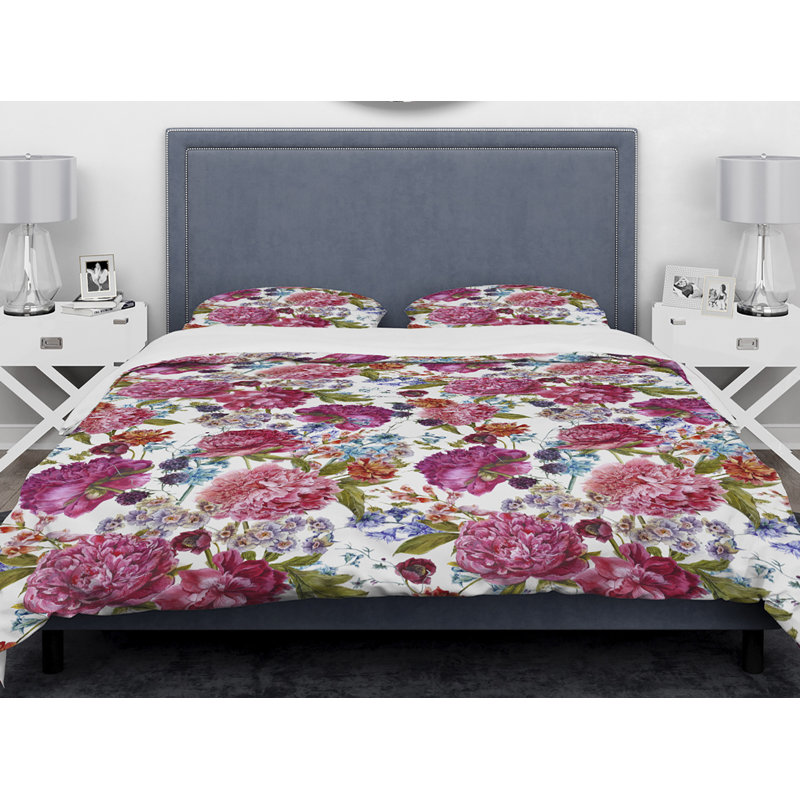 Ensemble de housse de couette pivoines designart fleuri, Housse simple + 1 taie décorative