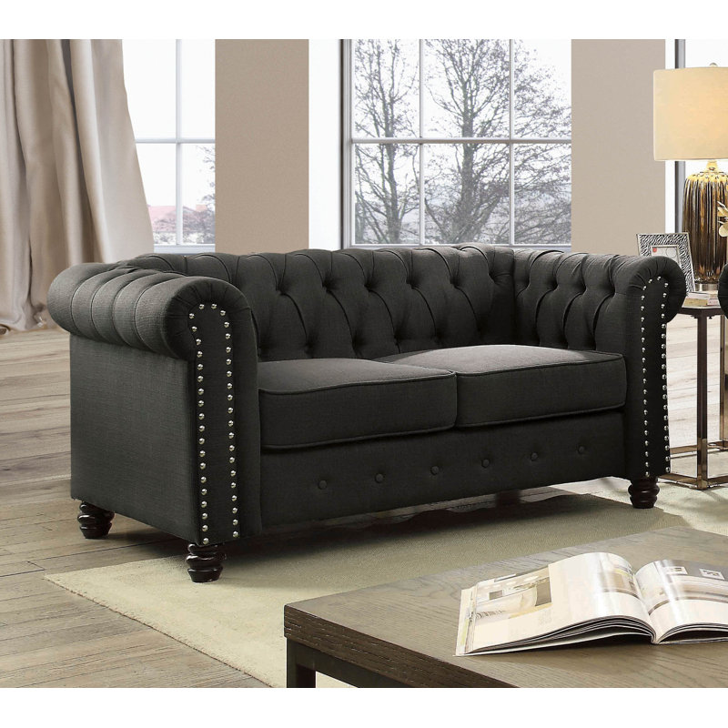 Causeuse Chesterfield à accoudoirs roulés 60 po Cathirine, Polyester gris
