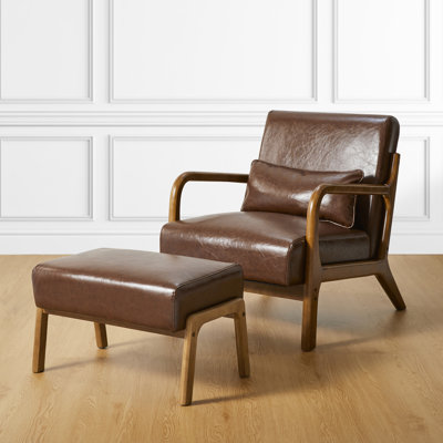 Mid-Century Modern Leatherette Accent Stool And Chair With Walnut Rubberwood Legs