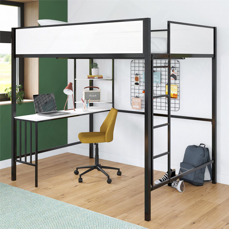 Lit mezzanine avec bureau et tablettes, Lit double