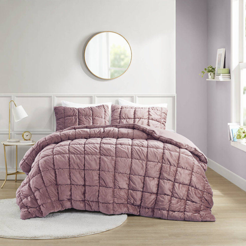 Ensemble d'édredon en velours Velvet Dream Puff, Édredon pour lit simple + 1 taie décorative stan, Rose