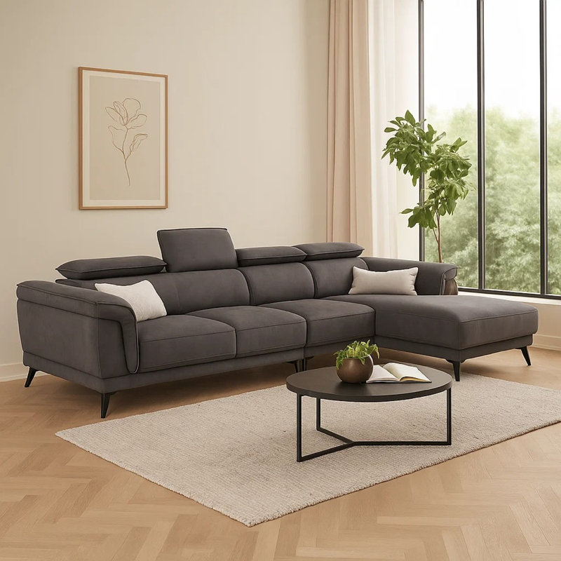 Panie Sectional Sofa, Adjustable Headrests, Right Chaise, Gray Fabric, 99 Inch, Dark Gray Fabric