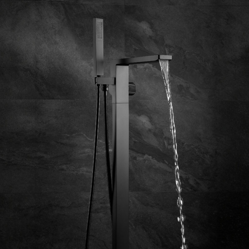 Robinet de baignoire autoportant avec robinet à cascade en laiton noir pour salle de bain avec douche à main 6 gallons par minute
