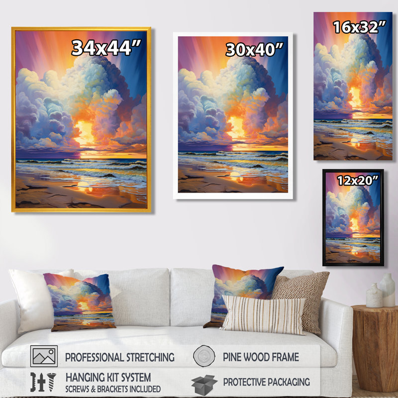 Portail divin dans le ciel avec vue sur la plage et l'océan, H 32 po x l 24 po x P 1 po, Toile avec cadre flottant or