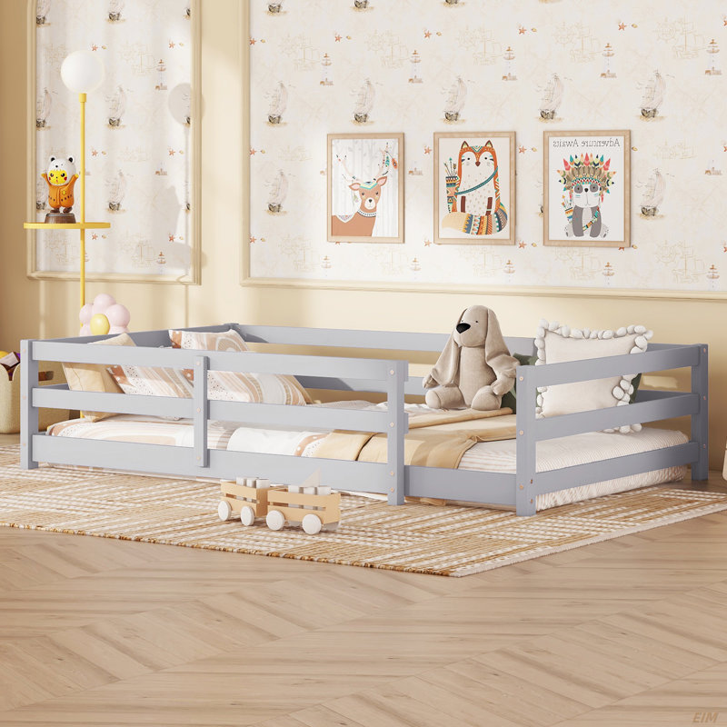Poppyx Montessori Floor Bed Set With Fence, Sturdy Pine Wood And Safe Guardrails, Twin, Gray