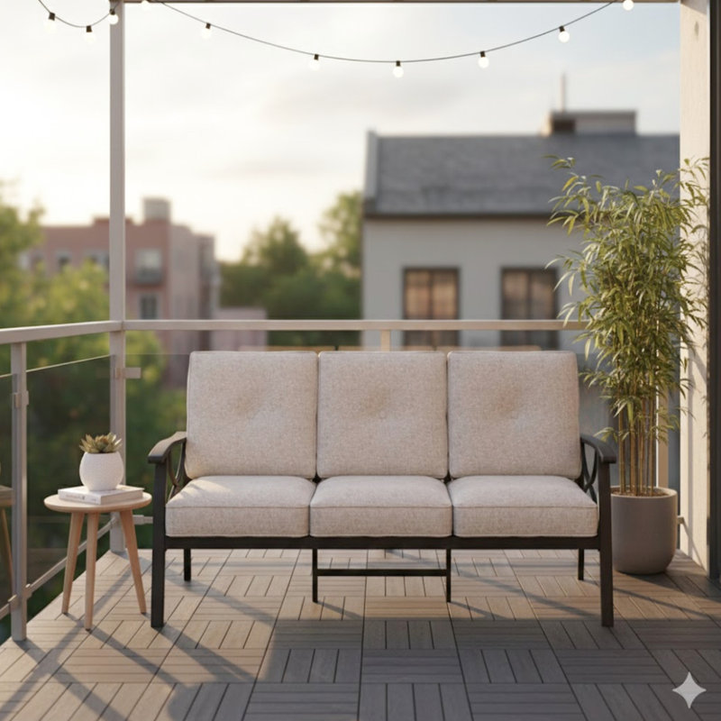 70 pouces 3 patio, coussins beige toutes saisons, structure kaki, acier rouille, mousse de 4 pouces, idéal pour les cours de patio