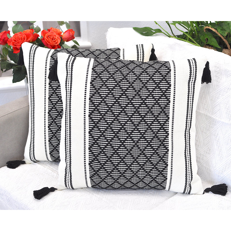 Woven Pillow Covers With Tassels, Geometric Pattern Pillowcases For Outdoor / Indoor (Set of 2), Black, 20" x 20"