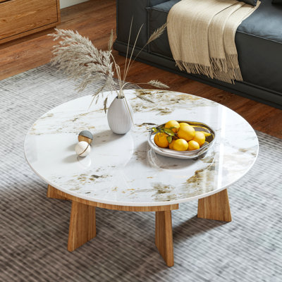 Round White Sintered Stone Table Top, Diy Replacement Cover With Gold & Brown Veins