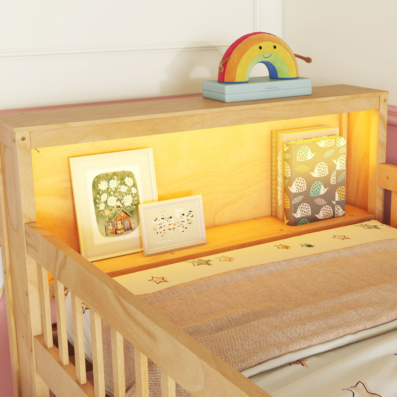 Wood Low Loft Bed with Stairs, White