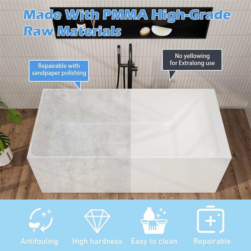 59" L Rectangular Freestanding Bathtub White Sloped Backrest