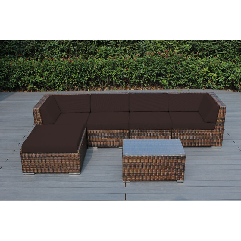 Billyjo Wicker 4 - Person Seating Group with Cushions - No Assembly, Mixed Brown, Antique Beige Sunbrella® Canvas