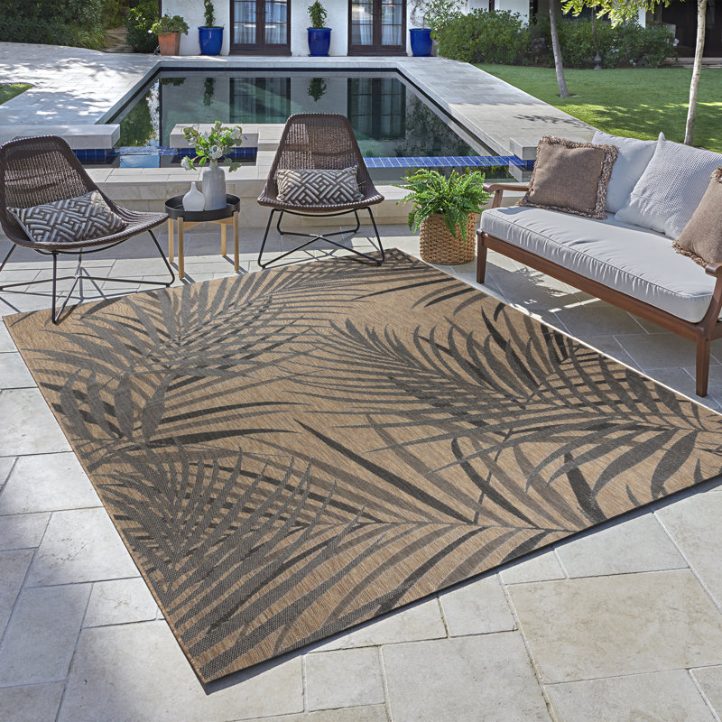 Paseo Paume All-Weather Flatweave Indoor/Outdoor Area Rug, Chestnut Brown Black Palm Leaf – Patio, Deck, Porch & Living Room - Brown, 5x7
