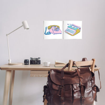 «Vintage Rotary Téléphone Typewriter Dessin 2 PC Wall Plate Art Set» par June Erica Vess