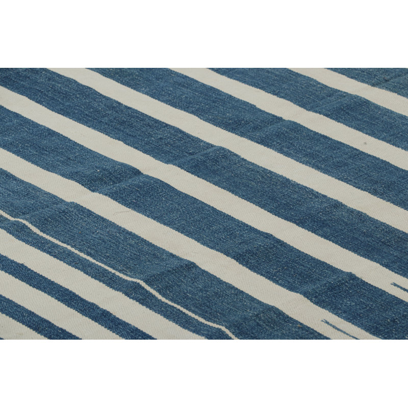 Rug & Kilim’S Contemporary Dhurrie Rug With Blue And Off-White Geometric Stripes