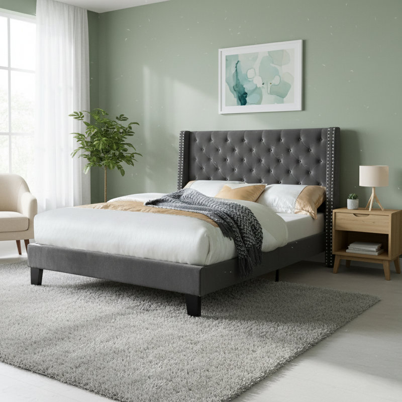 Daisy-Rose Upholstered Slat Bed, Gray, Full/Double