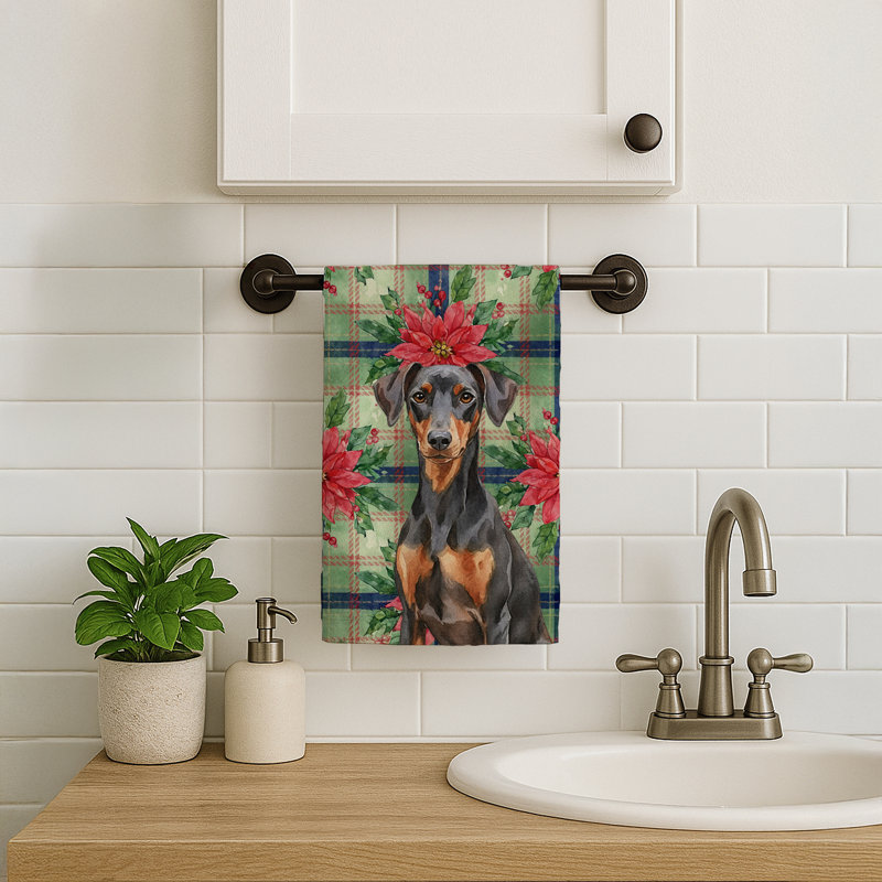German Pinscher Christmas PoinsettIas Kitchen Towel, Black/Brown German Pinscher
