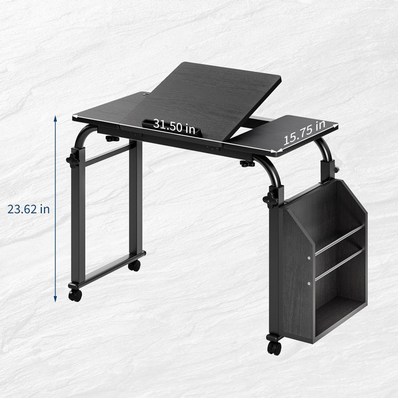 Overbed Table with Wheels - 31.5" Laptop Desk Cart, Adjustable Height (24"-35") & Length (32"-47"), 5-Setting Tilt Board, 350LBS Solid Wood/Steel, Cross-Bed Eating Desk for Hospital & Home Use