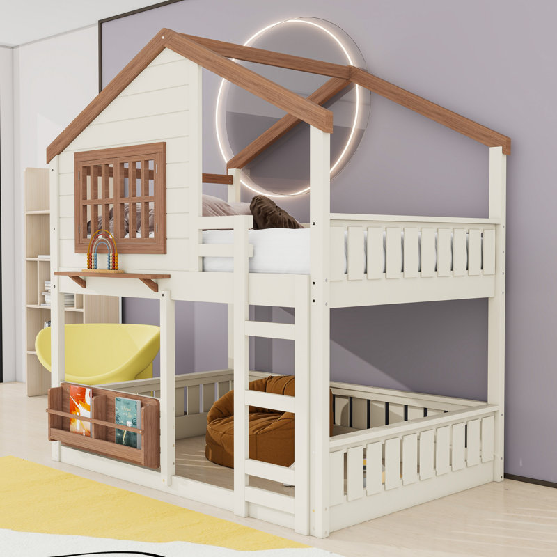 Lit superposé House avec espace multifonctionnel et fenêtre, Beige Natural, Lit superposé double sur double