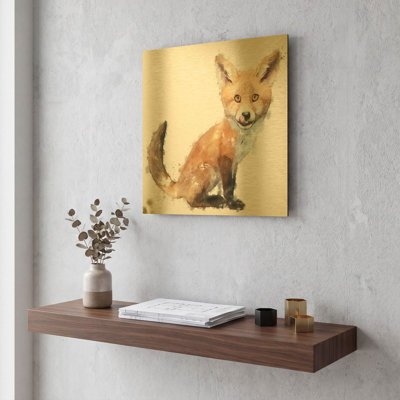 «Foxy Good» par Kim Curationa, art mural en métal doré, 12 po x 12 po