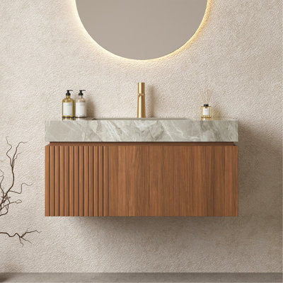 Meuble-lavabo 36 po, armoire de rangement en contreplaqué flottant avec tiroir et porte, comptoir en pierre frittée gris clair et lavabo en céramique avec 1 trou de robinet pré-percé, pré-assemblé, couleur grain de bois de chêne brun