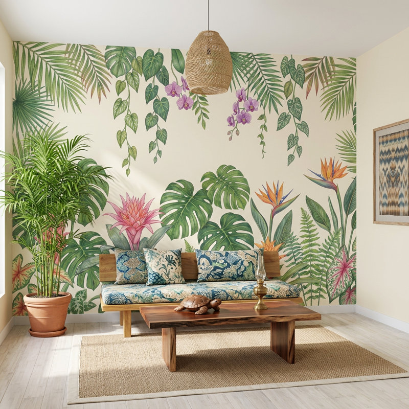 Papier peint botanique tropical, oiseau du paradis, 160 po x 108 po, Textured Non-Pasted