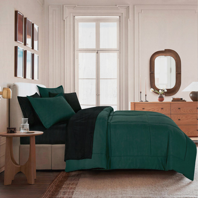 Ensemble de lit dans un sac réversible en microfibre vert émeraude et noir ， Simple