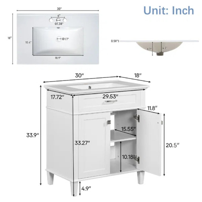 30" Sink Vanity with Adjustable Shelf, White