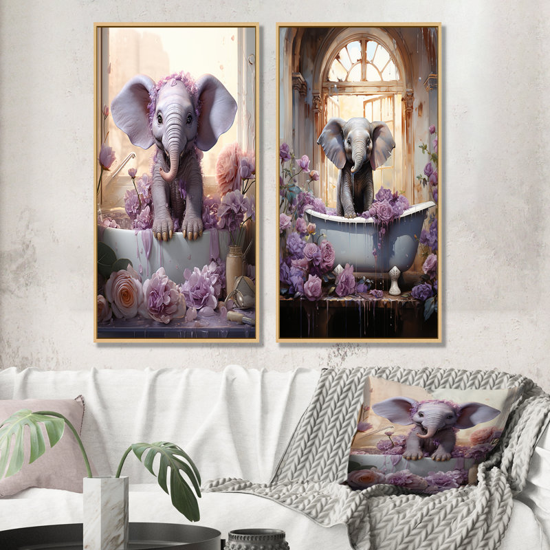 Lavande Splish Splash veau dans la baignoire - ensemble de 2 reproductions d'art sur toile, Cadre flottant brun