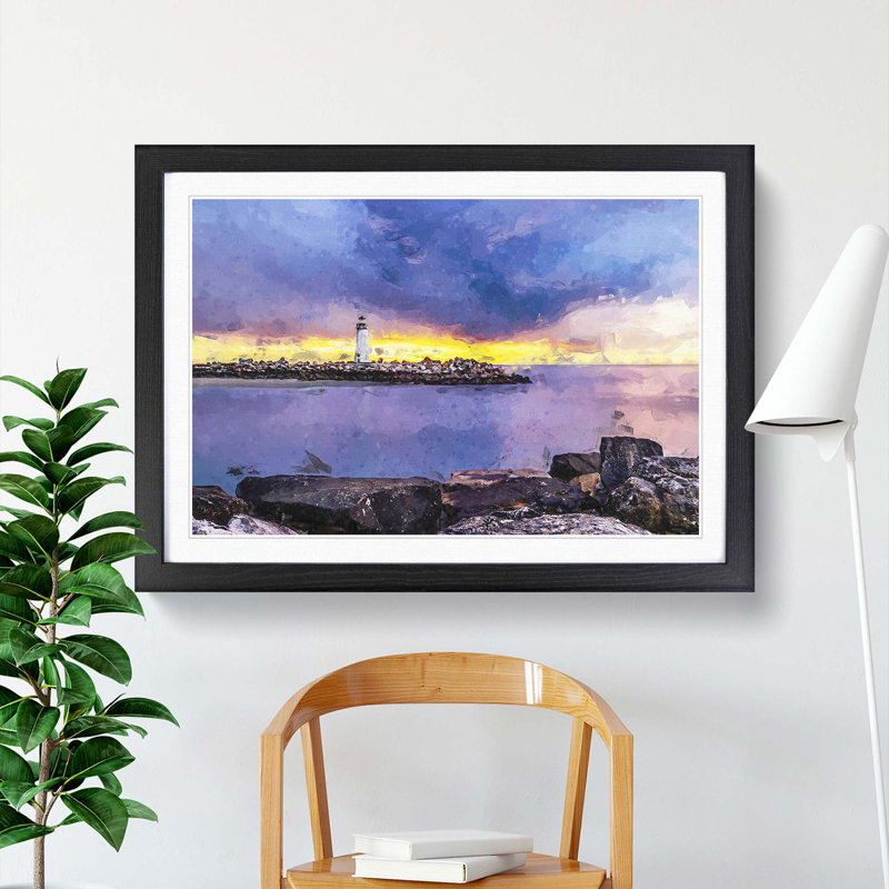 Remote Lighthouse & Seascape in Abstract - Picture Frame Graphic Art Print, 27cm H x 36cm W x 2cm D, Black Framed