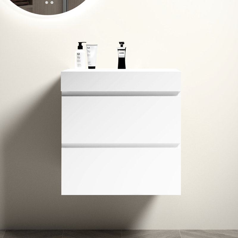 Lavabo intégré à surface solide blanc brillant - Design moderne pour salle de bain sans drain ni robinet