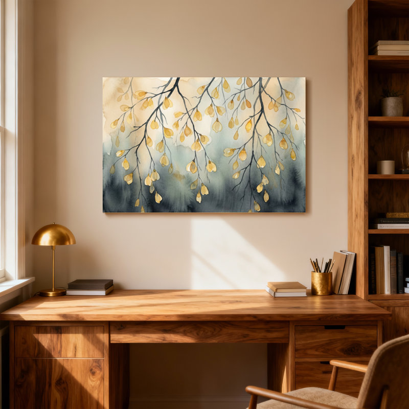 Plantes et fleurs, feuilles d'or sur des branches foncées, art à l'aquarelle, H 28 po x l 40 po