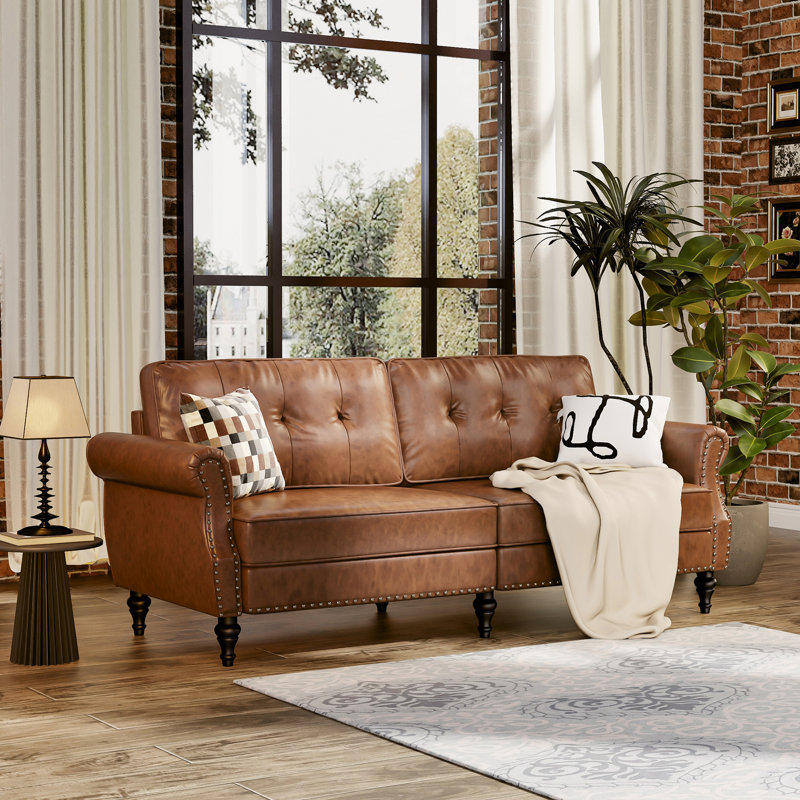 Burcet 79.7 " Faux Leather Sofa, Brown Faux Leather