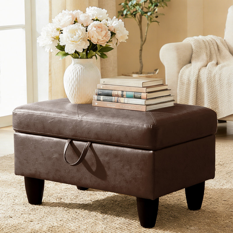 Repose-pieds rectangulaire avec rangement, repose-pieds en similicuir avec couvercle à charnière, tabouret de table basse pour le salon, la chambre à coucher, le vestibule, brun