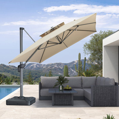 Parasol carré large 10 "x 13" pour l'extérieur, double toile, tissu haut de gamme, avec base, beige