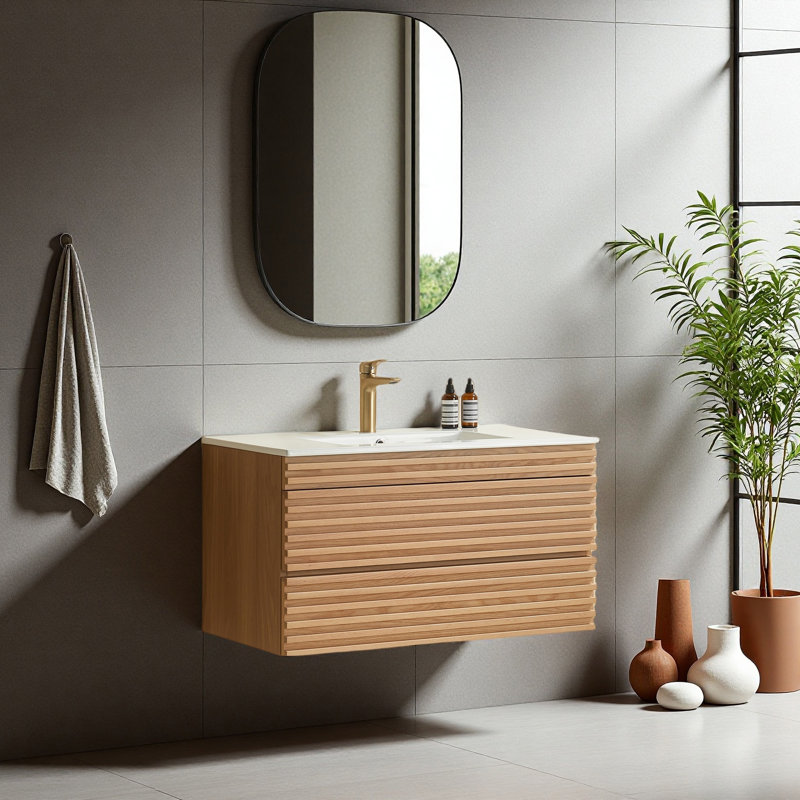 Wall-Mounted Bathroom Vanity with Single Ceramic Sink, Modern Slatted Front, Natural Wood Finish,Soft-Close Drawers for Bathroom