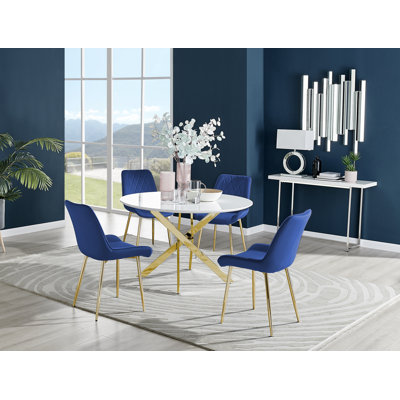Tierra Sleek Gold Metal and White Gloss Round Dining Table Set with 4 Luxury Velvet Dining Chairs