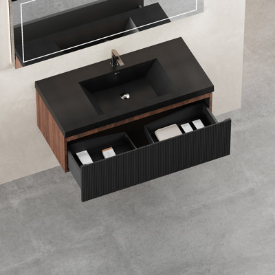 Meuble-lavabo flottant de 42 po avec lavabo, rangement rayé, tiroir à fermeture en douceur, noyer fumé et encre noire, panneaux à texture ondulée, rails silencieux, pré-assemblé, matériau de qualité E1, lavabo noir mat