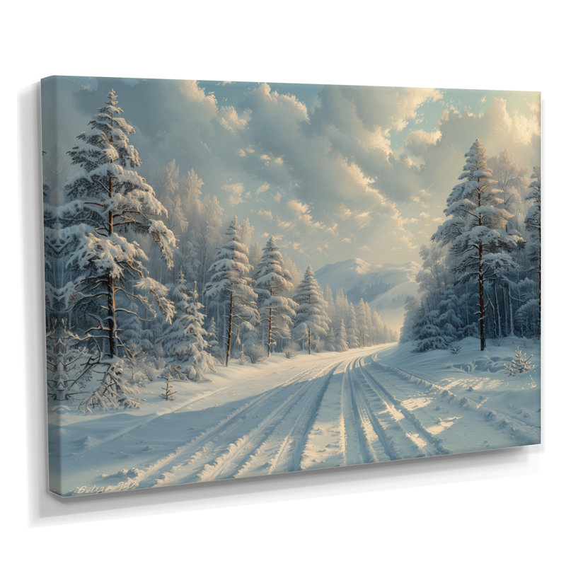«White Gray Winter Road Into Forest II», art mural paysage d'hiver, H 24 po x l 32 po, Toile tendue