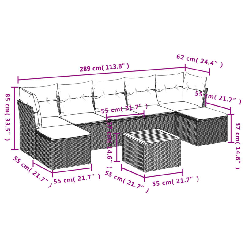 Ensemble de canapé de patio 8 pièces avec coussins en rotin de polyester, Gris, Marine