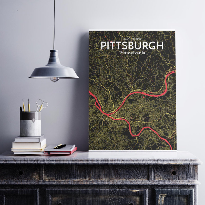Pittsburgh City Map, impression, Noir / rouge / jaune, H 27,6 po x l 19,7 po